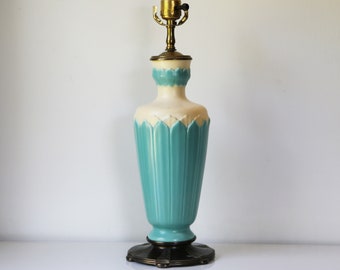 Turquoise and cream white ceramic table lamp with harp and finial