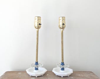 Vintage stick lamp pair with milk glass base and blue accents