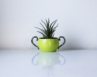 Lime green planter upcycled painted silver plate sugar bowl