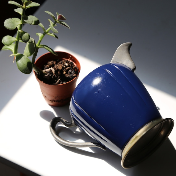 Navyblue planter medium upcycled painted silverplate creamer with M monogram
