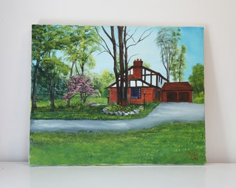 Vintage Painting of a Brick Tudor style home