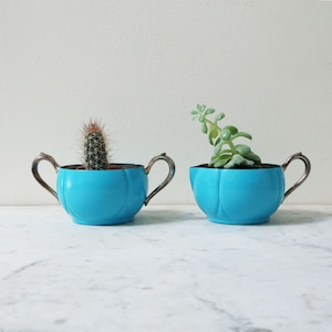 Turquoise blue planters made from upcycled painted silverplate sugar and creamer set image 1