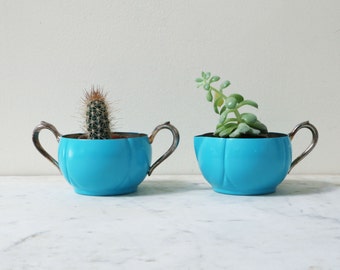 Turquoise blue planters made from upcycled painted silverplate sugar and creamer set