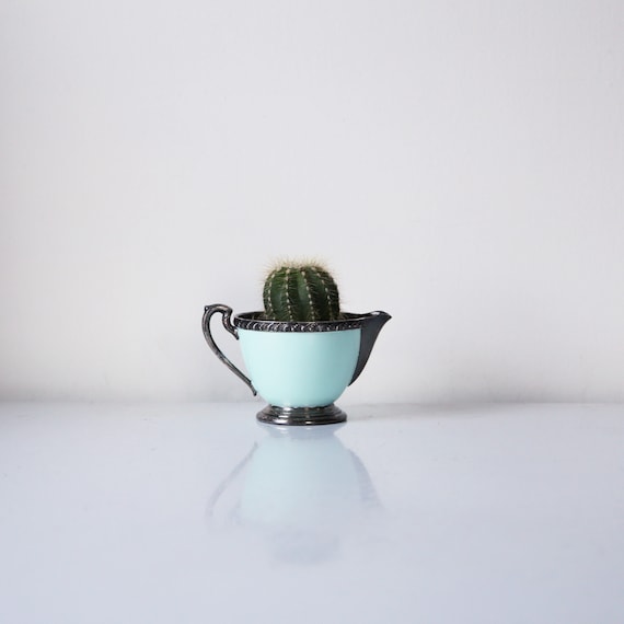 Ocean blue planter upcycled painted silverplate creamer