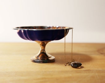 Antique silver plated pedestal hand painted navy blue jewelry tray