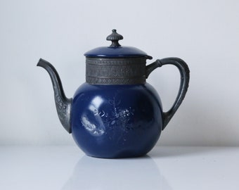 Painted vintage silverplate vase, tea or coffee pot in navy blue