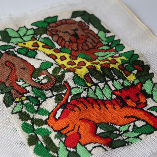 Vintage Jungle Animal Needlepoint Including a Tiger, Lion, Elephant and Giraffe