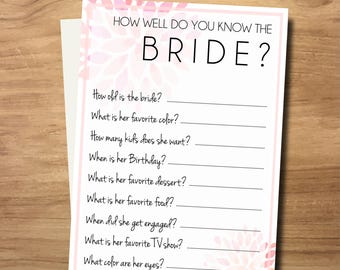 Bridal Shower Printable, Bridal Shower Game, How Well Do You Know The Bride, Bridal Shower Party Game, Instant Digital Download