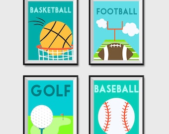 Sports Nursery Print - SET OF 4, Boys Room, Sports Decor, Baby Shower, Sports Wall Art, Sports Print, Baseball, Basketball, Football, Golf