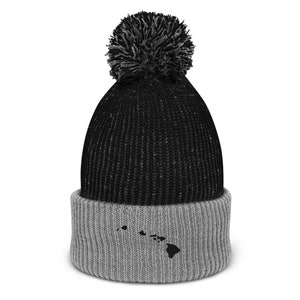 Pom-Pom Beanie, Hawaiian Islands Black Embroidered Beanie, Hawaii Hat, Hawaii Beanie, Embroidered Beanie, Hawaii Pride, Gift for Husband