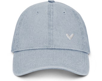 Denim Hat, Heart Embroidered Denim Hat, Cute Baseball Hat For Her, Gift For Her, Minimalist Hat, Baseball Hat for Her, Women's Hat