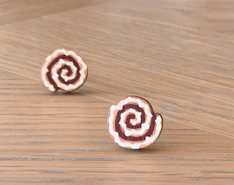 Cinnamon Roll Earrings, Cinnamon Bun Wooden Studs, Wood Cinnamon Swirl Studs, Tiny Bakery Food Jewellery