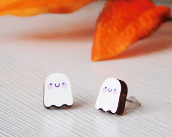 Halloween Ghost Ear Studs, Ghosty Autumn Earrings, Wooden Spooky Ghost Stud Or Clip On, Cute Witchy Earrings