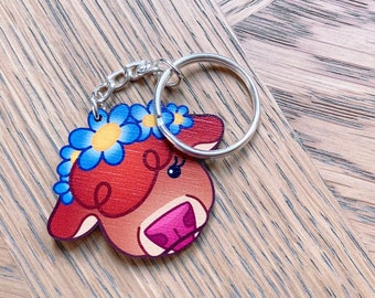 Adorable Baby Cow Keychain, Cute Cow Flower Crown Key Charm, Cartoon Highland Cattle Wooden Keyring, Highland Calf Gift
