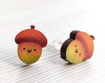 Autumn Acorn Earrings, Cute Oak Ear Studs, Plywood Statement Jewellery With Hypoallergenic Posts, Illustrated Woodland Jewellery, Clip On