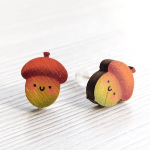 Autumn Acorn Earrings, Cute Oak Ear Studs, Plywood Statement Jewellery With Hypoallergenic Posts, Illustrated Woodland Jewellery, Clip On