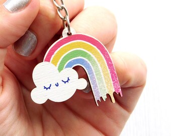 Happy Rainbow Keyring, Cute Cloud Smiley Keychain, Printed Wooden Drip Rainbow Keycharm