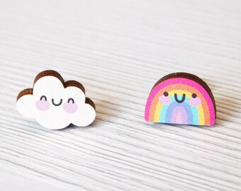 Rainbow And Cloud Earrings, Mixed Wooden Ear Studs, Smiley Rainbow Stud Earring, Happy Little Cloud Earring