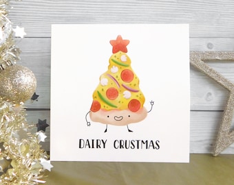 Dairy Crustmas Card, Funny Pizza Xmas Card, Food Pun Christmas Tree Card, Merry Christmas