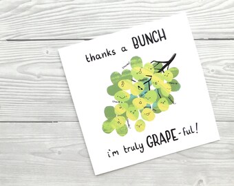 Thanks A Bunch Grape Pun Card, Funny Pun Thank You Card, Cute Illustrated Bunch Of Grapes Card