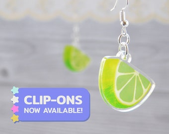 Lime Earrings, Hook OR Clip On Earrings, Clear Acrylic Lime Wedge Drop Earrings, Citrus Fruit Slice Dangle Earrings, Hypoallergenic Option