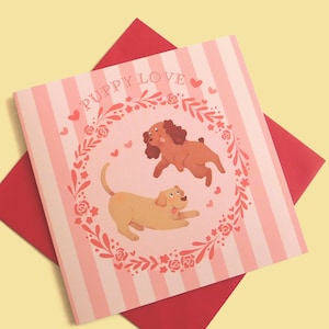 Primer día de San Valentín, tarjeta romántica de amor de cachorro, linda tarjeta de perro para novio o novia, tarjeta de aniversario ilustrada, tarjeta de cachorros dulces
