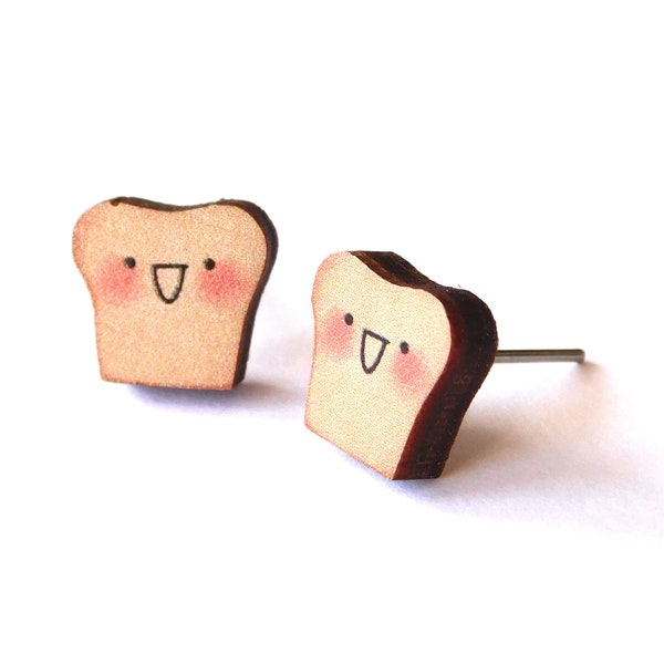 Bread Slice Stud Earrings, Illustrated Wooden Ear Studs, Piece Of Toast Statement Jewellery For Food Lovers, Tiny Food Jewelry, Non Pierced