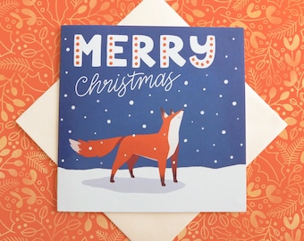 Cute Fox Merry Christmas Card, Snowy Woodland Xmas Card, Recycled Paper Card With Fox Illustration, Merry Christmas Square Card