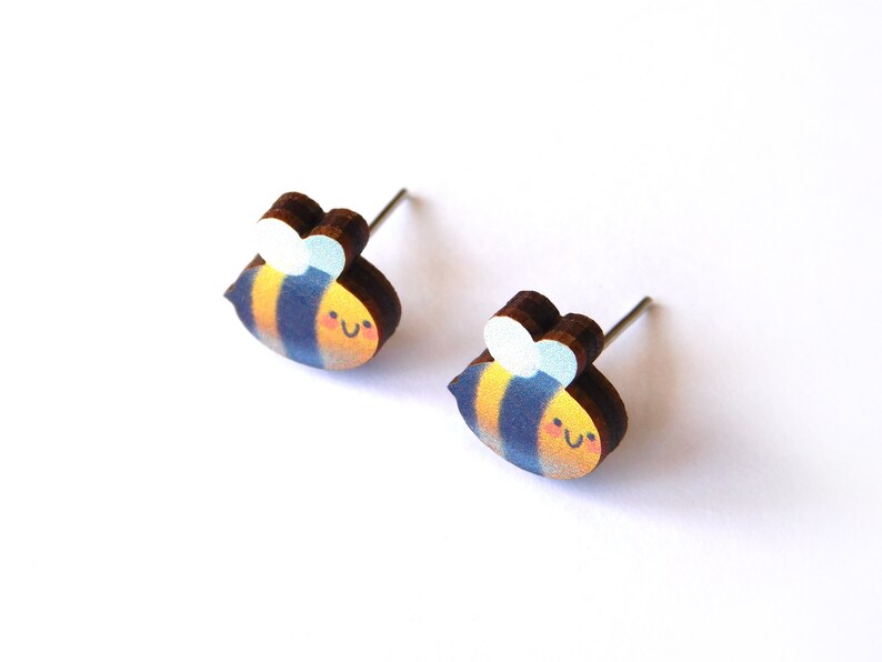 Printed Wood Bee Earrings Bumble Bee Ear Studs Wooden Bug image 0