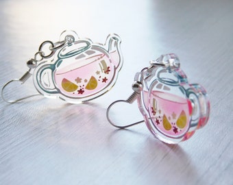 Pink Transparent Teapot Earrings, Illustrated Clear Drop Earrings, Fruit Tea Acrylic Earrings, Clip On Dangle Earrings, Non Pierced