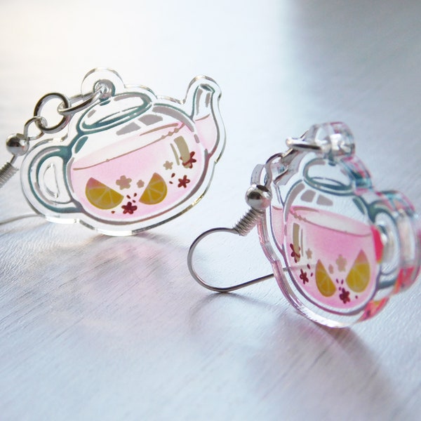 Pink Transparent Teapot Earrings, Illustrated Clear Drop Earrings, Fruit Tea Acrylic Earrings, Clip On Dangle Earrings, Non Pierced