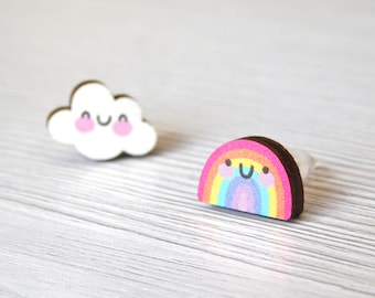 Rainbow And Cloud Earrings, Mixed Wooden Ear Studs, Smiley Rainbow Stud Earring, Happy Little Cloud Earring