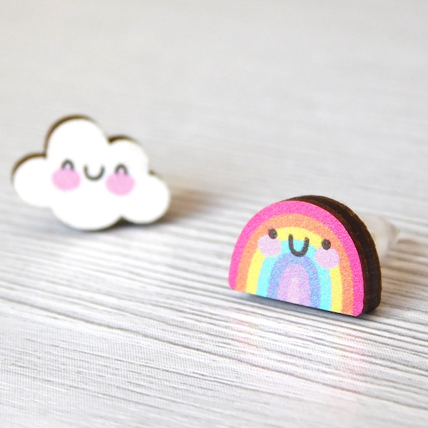 Rainbow And Cloud Earrings, Mixed Wooden Ear Studs, Smiley Rainbow Stud Earring, Happy Little Cloud Earring