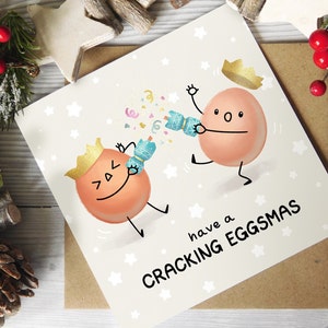 Cracking Eggsmas Weihnachtskarte, lustiges Ei-Wortspiel illustrierte Foodie-Weihnachtskarte, knackende Weihnachten