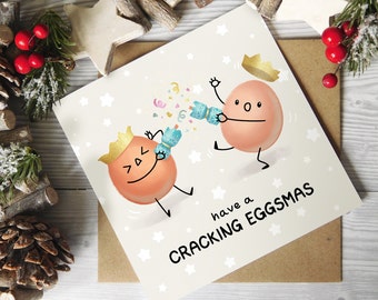 Cracking Eggsmas Christmas Card, Funny Egg Pun Illustrated Foodie Xmas Card, Have A Cracking Christmas