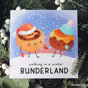 Caminando en un invierno Bunderland Food Pun Tarjeta de Navidad, Tarjeta de Navidad con rollo de canela, Linda tarjeta de Navidad romántica, tarjeta de Navidad para esposa