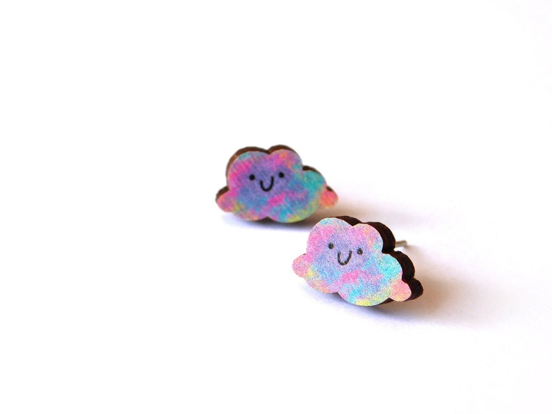 Happy Little Cloud Studs Adorable Wooden Ear Studs image 0