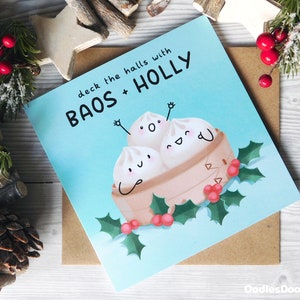 Tarjeta "Deck The Halls With Baos And Holly", tarjeta navideña con bollos Bao, linda tarjeta navideña con juego de palabras con comida y bolas de masa