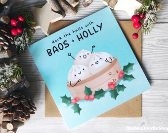Deck The Halls With Baos And Holly Card, Bao Bun Christmas Card, Cute Dumpling Food Pun Xmas Card