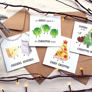 Paquete de 4 tarjetas navideñas, paquete de tarjetas navideñas Food Pun, cuatro diseños de tarjetas navideñas gastronómicas, tarjetas navideñas divertidas variadas