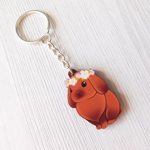Year Of The Rabbit, Adorable Bunny Keychain, Cute Brown Rabbit Wooden Keycharm, Flower Crown Bunny Rabbit Accessory, Wood Pet Keyring image 2