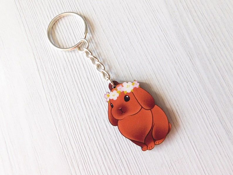 Year Of The Rabbit, Adorable Bunny Keychain, Cute Brown Rabbit Wooden Keycharm, Flower Crown Bunny Rabbit Accessory, Wood Pet Keyring image 2