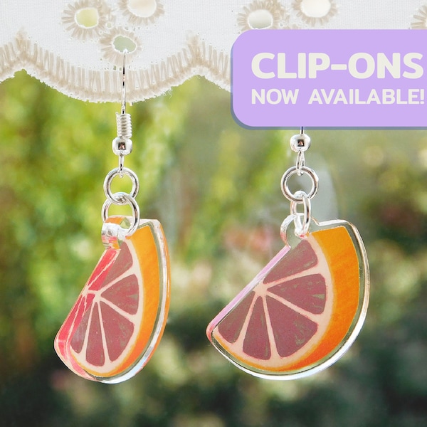 Grapefruit Earrings, Clear Acrylic Grapefruit Wedge Drop Earrings, Non Pierced Option, No Piercing, Clip On Orange Ear Clips