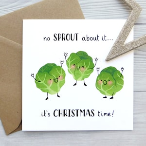 Carte de Noël drôle de choux de Bruxelles, carte de jeu de mots de Noël choux de Bruxelles, carte de voeux illustrée de Noël, jolie carte de choux de Bruxelles