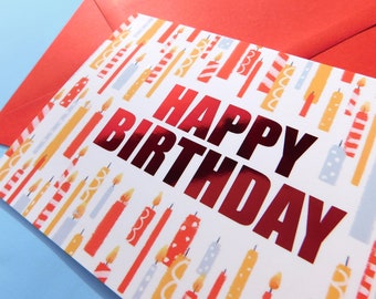 Foil Birthday Card, Red Foiled Happy Birthday Card, Birthday Candles Illustrated Greeting Card, Red And Gold Shiny Foil