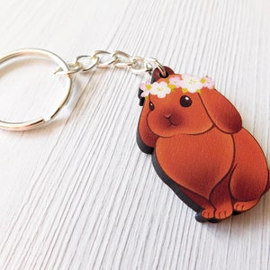 Year Of The Rabbit, Adorable Bunny Keychain, Cute Brown Rabbit Wooden Keycharm, Flower Crown Bunny Rabbit Accessory, Wood Pet Keyring image 4