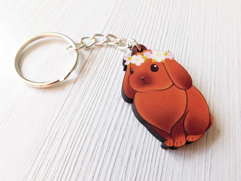 Year Of The Rabbit, Adorable Bunny Keychain, Cute Brown Rabbit Wooden Keycharm, Flower Crown Bunny Rabbit Accessory, Wood Pet Keyring image 4