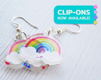 Hook OR Clip On, Clear Rainbow Earrings, Rainbow Cloud Drop Earrings, Acrylic Dangle Earrings, Colourful Sun Catcher Earrings, Non Pierced