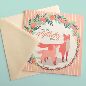 Sweet Fox Mother's Day Card, Woodland Floral Wreath Card for Mom, Recycled Paper Card With Mum And Baby Fox Illustration