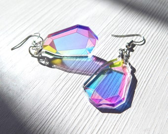 Clear Rainbow Crystal Earrings, Printed Transparent Acrylic Earrings, Hook or Clip On Drop Earrings, Sun catcher Style Colourful Earrings